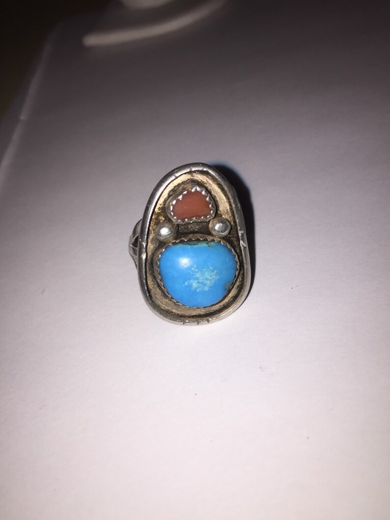 Navajo Turquoise Red Coral Ring Sz 6.5 Sterling Silver 925 Vintage ...