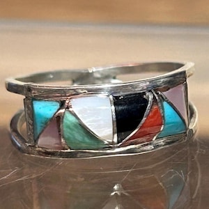 ズニ族 マルチストーン スターリングリング サイズ 5.5 グロリア・メロニ ツーソンターコイズ ガスペイト スパイニー MOP ジェットピンク ムール貝 925 シルバー ヴィンテージ ネイティブジュエリー