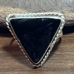 Onyx Sterling Ring Triangular Sz 7 Mexico 925 Silver Mexican Vintage Jewelry Southwestern Anniversary Birthday Christmas Gift Goth Geometric