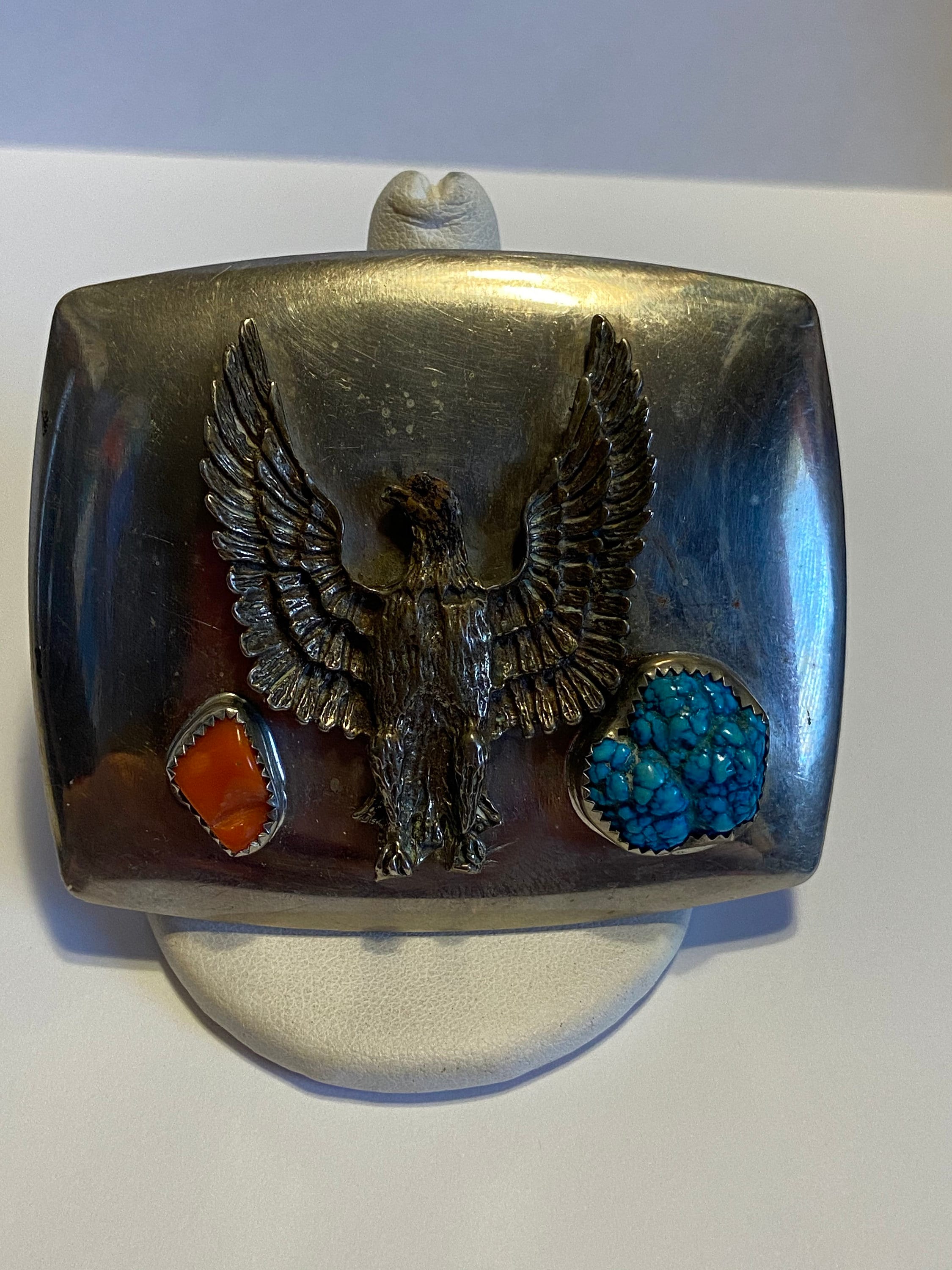 Eagle Belt Buckle. Nickle, Red Coral, Genuine Turquoise Handcrafted USA. Turquoise Red Coral Eagle Sterling Belt Buckle 925 Silver  main image 2