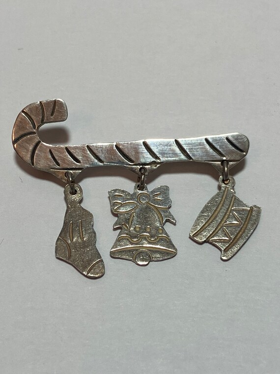 Taxco Sterling Candy Cane Brooch Pin Charm Bell S… - image 2