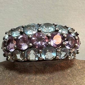Amethyst Blue Topaz Sterling Square Ring 7.6ctw Sz 6 Multi Stone 925 Silver Vintage Jewelry Southwestern Birthday Christmas Gift Bridal Boho