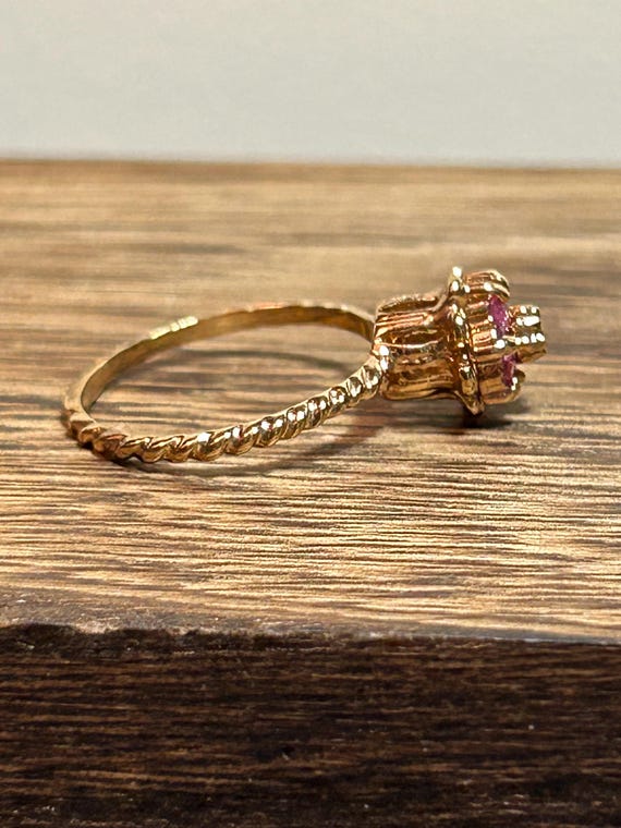 14K Ruby Flower Ring Sz 6 Multi Stone Rubies CZ 1… - image 7