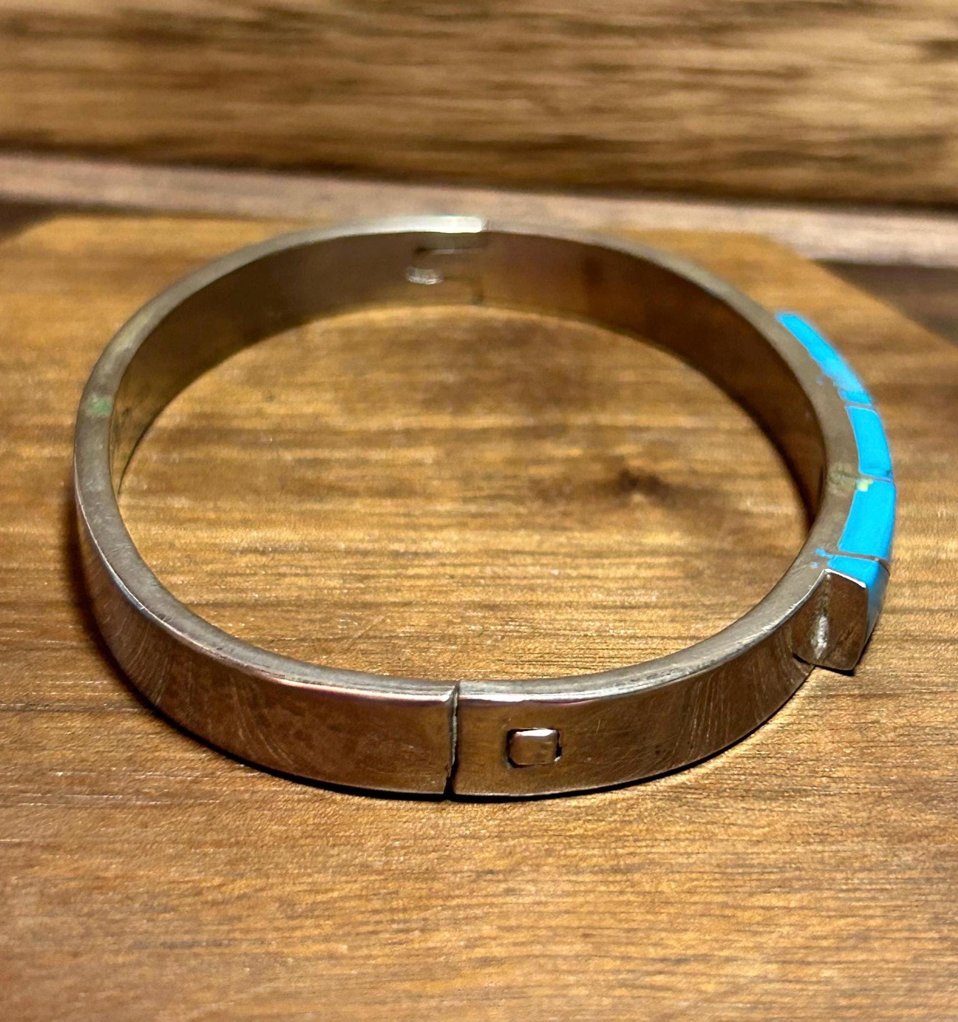 Taxco Turquoise Sterling Bracelet Bangle Hinged Art Deco Modernist