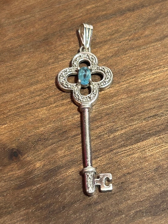 Blue Topaz Diamond Sterling Skeleton Key Pendant .