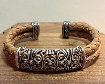 Espo Tan Leather Sterling Cuff Bracelet Joseph Esposito 925 Silver Filigree Unisex Men's Vintage Jewelry Birthday Anniversary Gift Father's