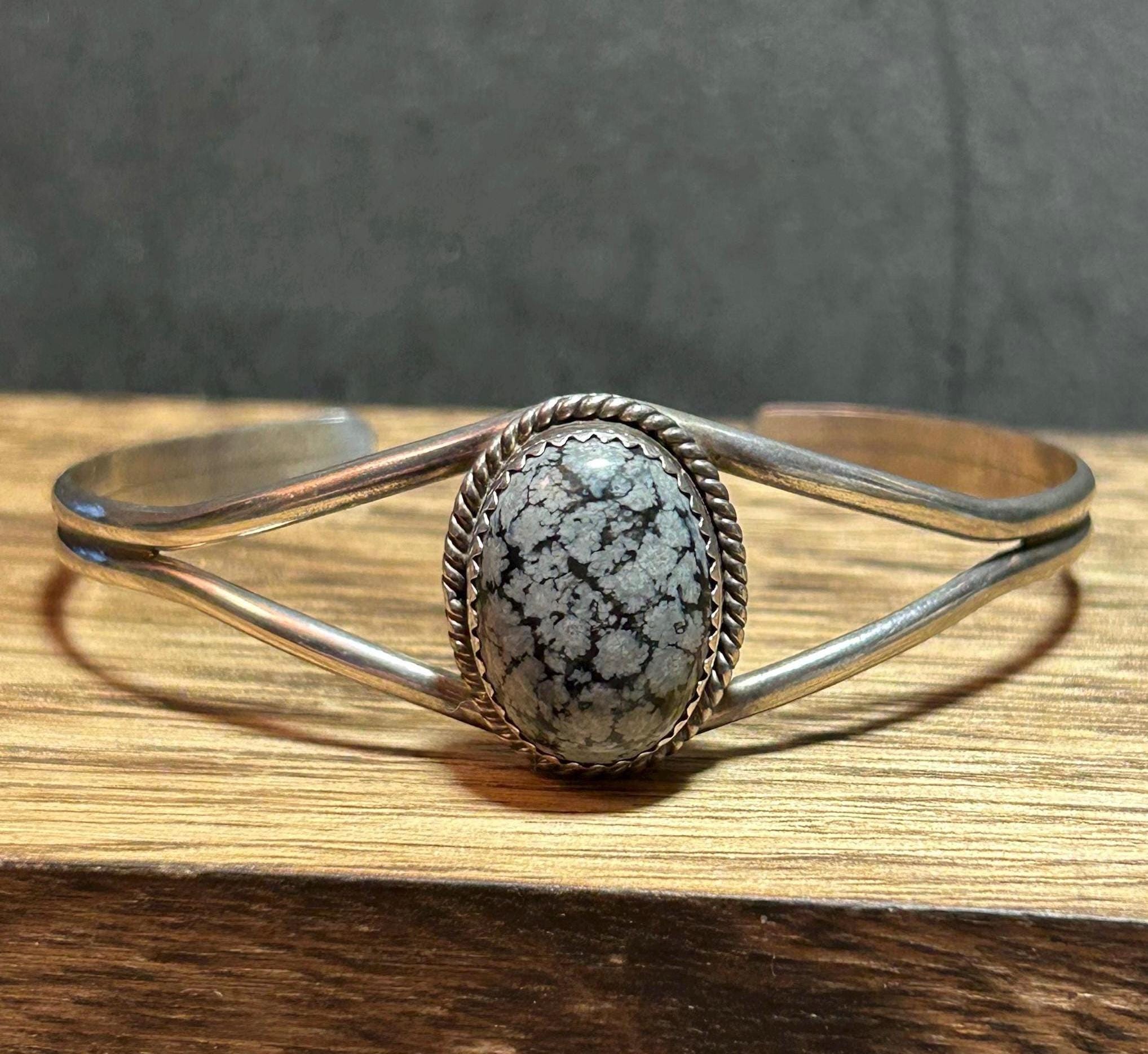 Navajo Snowflake Obsidian Sterling Cuff Bracelet MKM 925 Silver Native Vintage Jewelry Southwestern Anniversary Birthday Christmas Gift Boho