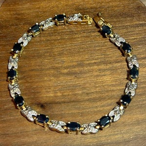 14K Sapphire Diamond XO Bracelet 3ctw 7&quot; 14KT Gold 925 Sterling Silver Vintage Jewelry Anniversary Christmas Birthday Gift Bridal Valentine