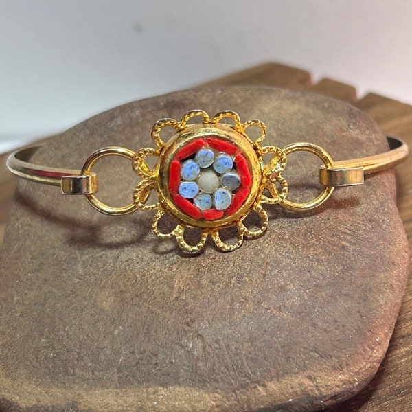 14K Millefiori Micro Mosaic Bracelet Bangle Turquoise Venetian Flowers 14KT Gold Plated Italy Vintage Jewelry Christmas Birthday Gift Floral