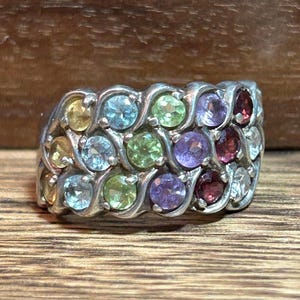 Multi Stone Sterling Ring Band Sz 7 Peridot Garnet Citrine White Blue Topaz Amethyst 925 Silver Vintage Jewelry Birthday Christmas Gift Boho