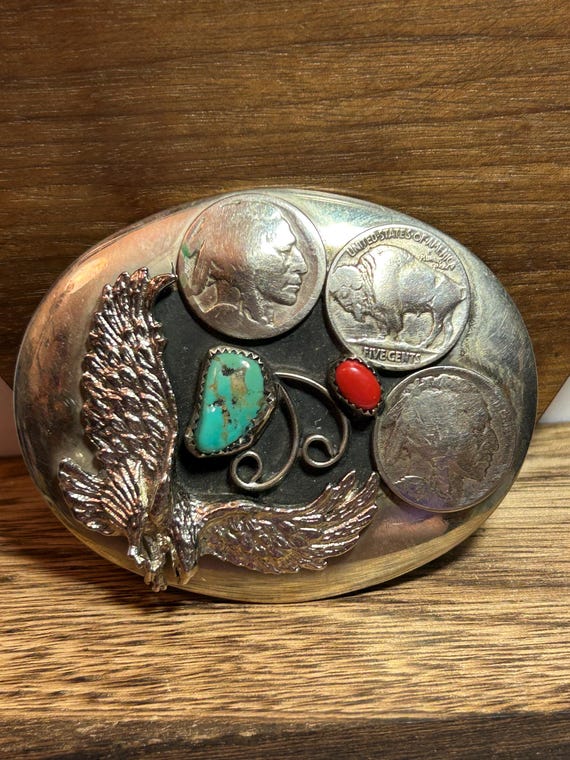 Navajo Turquoise Red Coral Buffalo Nickel Belt Buckle  display picture 1
