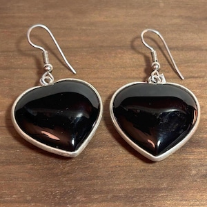 Onyx Sterling Heart Earrings 925 Silver AIS Vintage Jewelry Southwestern Anniversary Birthday Christmas Gift Valentine&#39;s Mother&#39;s Day Love