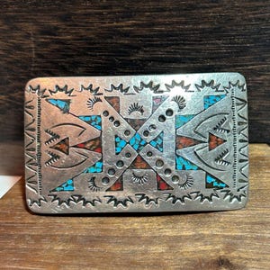 Zuni Turquoise Red Coral Sterling Thunderbird Belt Buckle 925