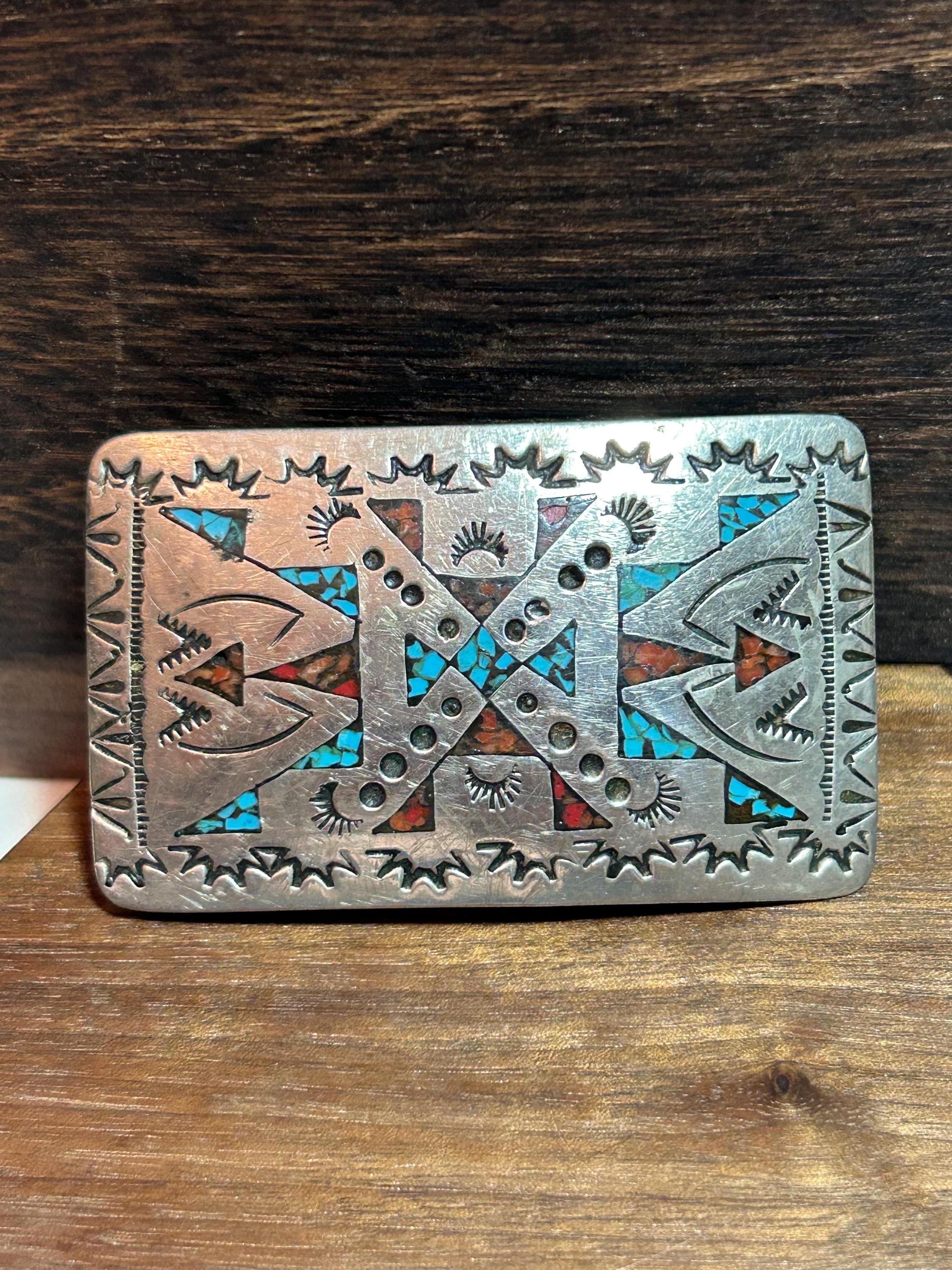 SALE Vintage  Zuni stone inlay sterling silver belt buckle singed TD Vintage Zuni Yellow Mother of Pearl Channel Inlay Belt  main image 3