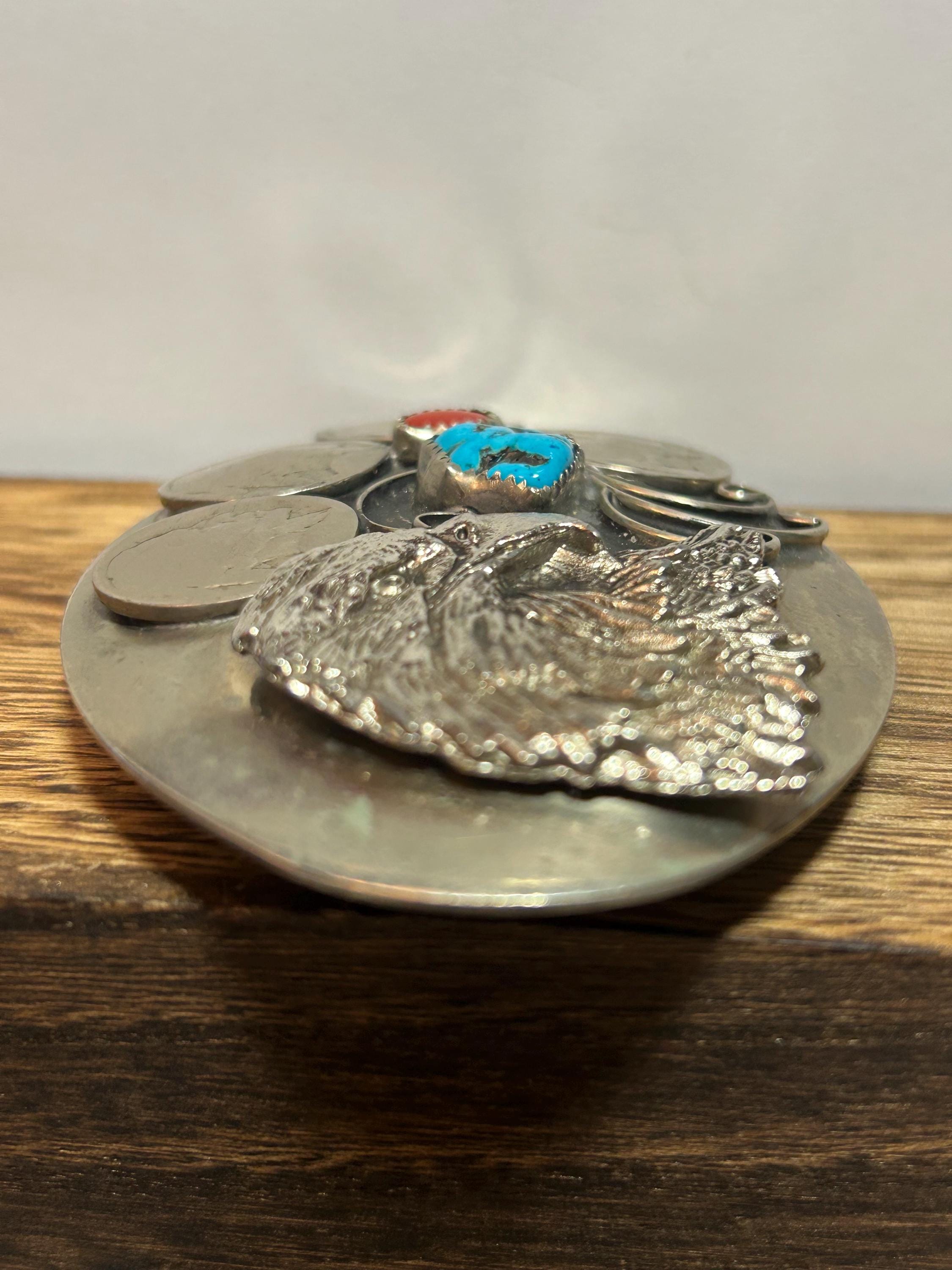Vtg Navajo Buffalo Head Belt Buckle Turquoise & Coral Native American Handmade Vintage 925 Sterling Silver Native American Turquoise and  main image 2
