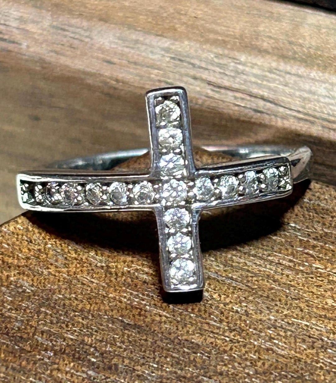 Cubic Zirconia Sterling Cross Ring Sideways Sz 5.75 CZ 925 Silver ...
