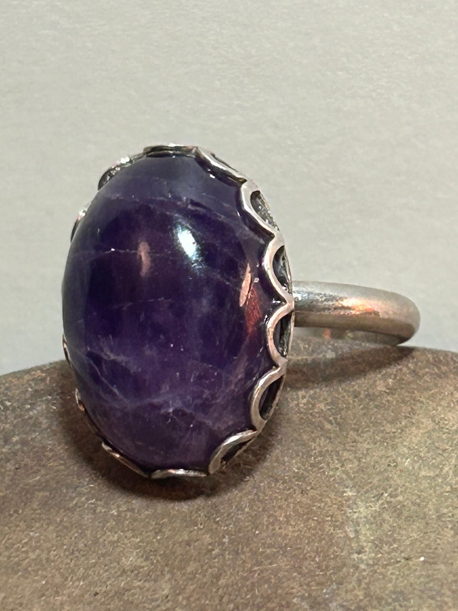 Bague Vintage Argent Massif Améthyste - Taille 50 - Style Scandinave Baguette - Occasion TB