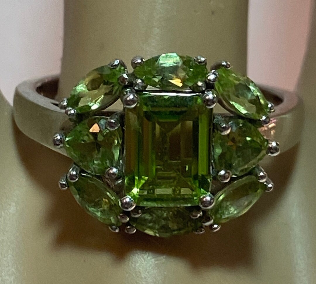 1.79ct Natural Peridot Sterling Silver Ring - 3-Stone Ribbon Weave Design, White Gold Plated, Size 8.5