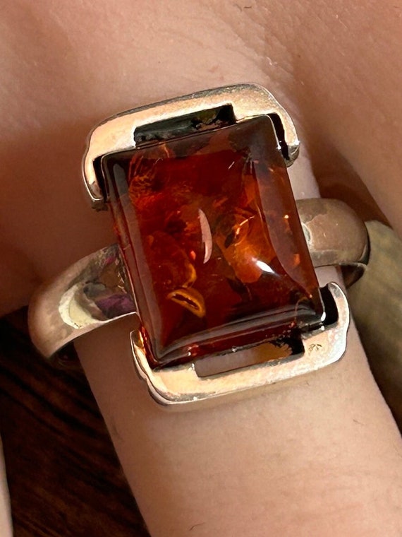 Polish Amber Sterling Ring Sz 7.5 Art Deco Baltic 