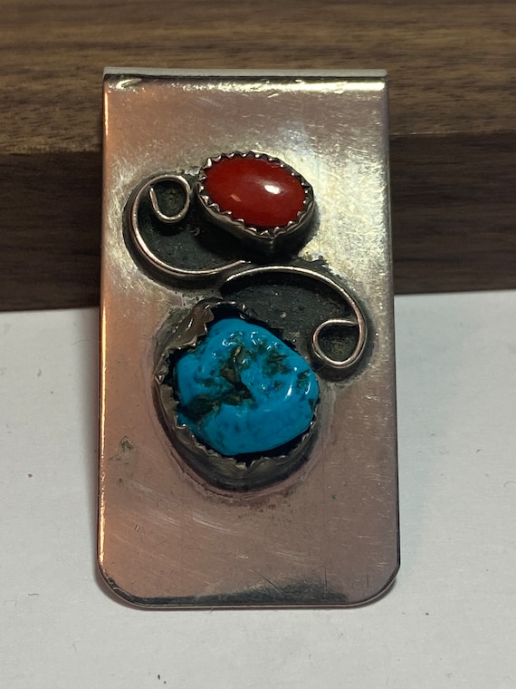 Navajo Turquoise Red Coral Sterling Money Clip Mu… - image 1