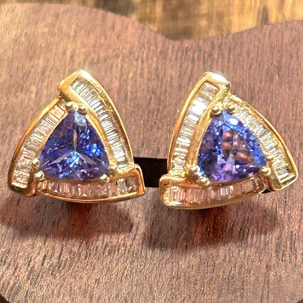 14K Tanzanite Diamond Earrings 2ctw 14KT Yellow Gold Multi Stone Vintage Jewelry Birthday Anniversary Christmas Gift Bridal Wedding Art Deco