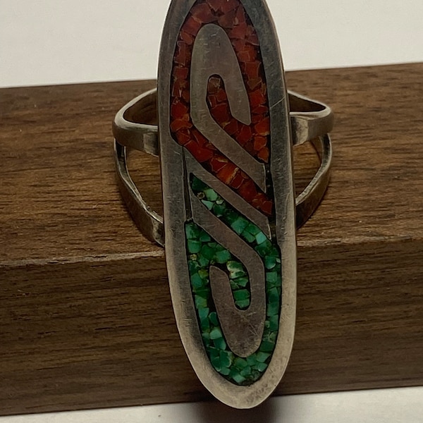 Navajo Turquoise Red Coral Sterling Ring Juan T. Singer Sz 7 Multi Stone Symbols 925 Silver Vintage Jewelry Anniversary Native Birthday Gift