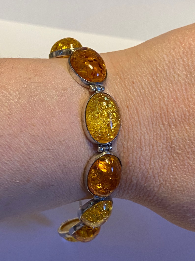 Baltic Amber Sterling Bracelet 7.5 Valerio Honey Polish Poland 925 Silver Vintage Jewelry Southwestern Anniversary Christmas Birthday Gift