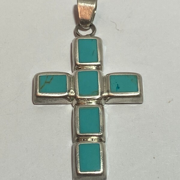 Turquoise Sterling Cross Pendant 925 Silver Taxco Mexico Vintage Jewelry Southwestern Christmas Birthday Anniversary Gift Christian