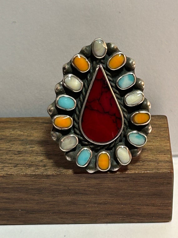 Awesome Native American Navajo Corals Sterling Silver Immense Butterfly Ring Awesome Native American Navajo Corals Sterling Silver Immense Butterfly Ring