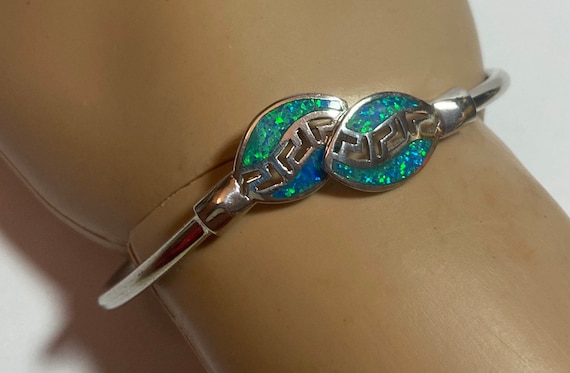 Fire Opal Sterling Greek Key Bracelet Bangle 925 Silver Black Vintage Jewelry Southwestern Christmas Anniversary Birthday Gift Mother's Day