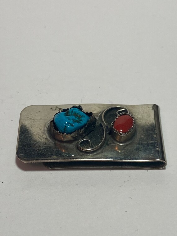 Navajo Turquoise Red Coral Sterling Money Clip Mu… - image 3