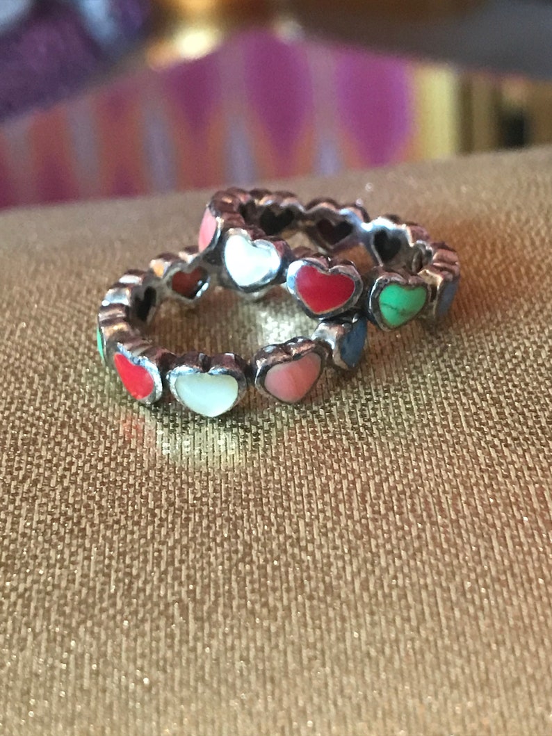 Multi Stone Sterling Heart Ring Sz 7 Pink Red Coral Lapis Gaspeite Pearl MOP 925 Silver Band Vintage Jewelry Christmas Birthday Gift Bridal