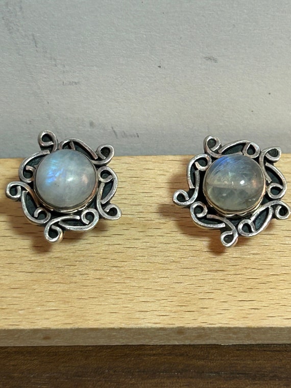 Moonstone Sterling Earrings 925 Silver Scrollwork… - image 6