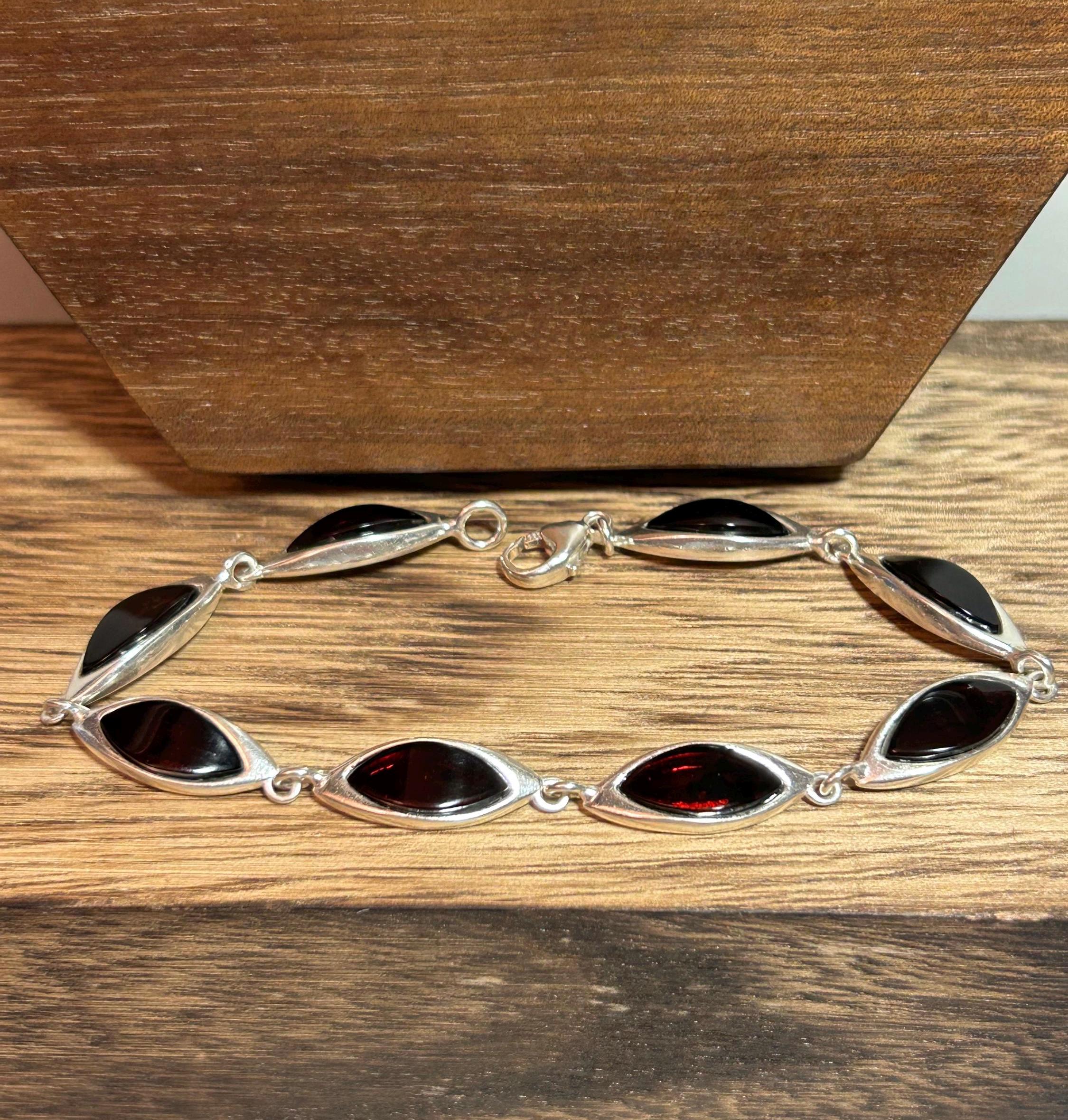 Polish Cherry Amber Sterling Bracelet 7.25" Baltic Poland 925 Silver MCM Mid Century Mod Vintage Jewelry Anniversary Christmas Birthday Gift