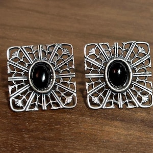 Art Deco Black Glass Sterling Earrings 20s 925 Silver Vintage Jewelry Southwestern Anniversary Birthday Christmas Gift Mother&#39;s Day Boho