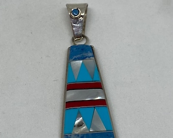 Navajo Multi Stone Sterling Pendant Sleeping Beauty Turquoise Lapis Red Coral Pearl MOP 925 Silver Vintage Jewelry Native Birthday Gift