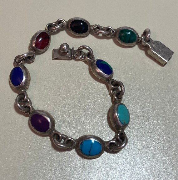 Vintage Taxco Sterling Silver Inlay Azurite Lapis Malachite Link Bracelet 7.5 Vintage Sterling Silver Inlay Azurite Bracelet Azurite