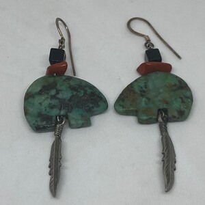 Navajo Royston Turquoise Sterling Fetish Bear Earrings 925 Silver Red Coral Jet Multi Stone Vintage Southwestern Jewelry Native Gift