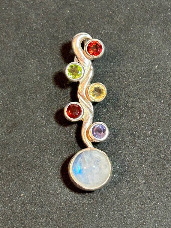 Multi Stone Sterling Pendant Moonstone Garnet Peridot Citrine Amethyst 925 Silver Vintage Jewelry Southwestern Christmas Birthday Gift Boho