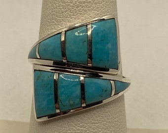 Sleeping Beauty Turquoise Sterling Bypass Ring 925 Silver Men&#39;s Unisex Vintage Jewelry Southwestern Anniversary Birthday Christmas Gift