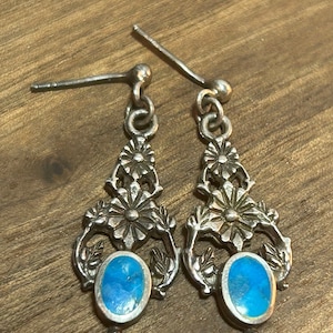 Turquoise Sterling Flower Earrings 925 Silver Floral Vintage Jewelry Southwestern Anniversary Christmas Birthday Gift Graduation Prom Boho