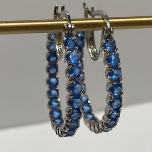 Blue Cubic Zirconia Sterling Hoops Earrings Inside Out 925 Silver CZ Vintage Jewelry Birthday Anniversary Christmas Gift Bridal Wedding