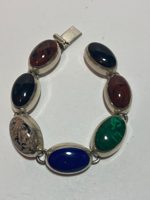 Taxco Multi Stone Sterling Bracelet 6.75" 43g Lap… - image 6
