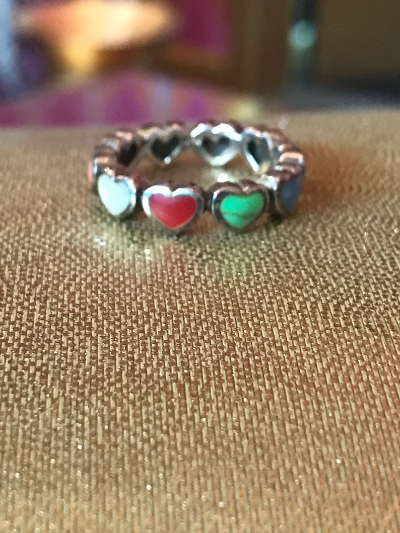 Multi Stone Sterling Heart Ring Sz 7 Pink Red Coral Lapis Gaspeite Pearl MOP 925 Silver Band Vintage Jewelry Christmas Birthday Gift Bridal