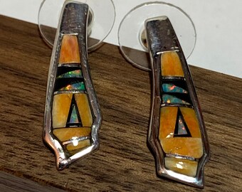 Multi Stone Sterling Earrings Opal Coral Orange Spiny Oyster Jet 925 Silver Vintage Jewelry Southwestern Birthday Christmas Gift Valentine&#39;s