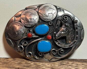 Navajo Horse Belt Buckle Nickle Silver Gemstone Handmade  display picture 1