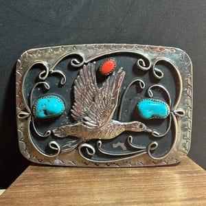 Navajo Turquoise Red Coral Belt Buckle Nickel Sterling Silver 925 Duck Bird Unisex Men&#39;s Vintage Jewelry Native Christmas Birthday Gift Boho