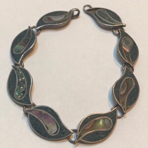 Hecho en Taxco 1970's 37 grams 7 14 wearable inches Stunning Vintage Abalone & Sterling Silver Panel Bracelet