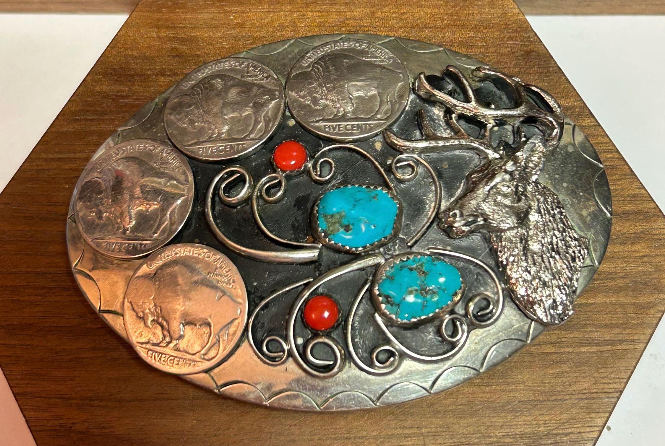 Eagle Belt Buckle. Nickle, Red Coral, Genuine Turquoise Handcrafted USA. img_3887.jpeg?fit=1200,993&ssl=1 main image 3