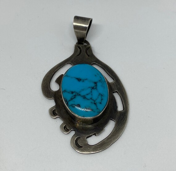 Taxco Turquoise Sterling Pendant 925 Silver Blue … - image 3